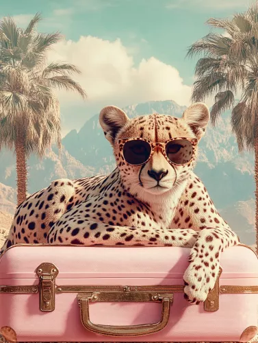 Panter met roze koffer 80x120cm