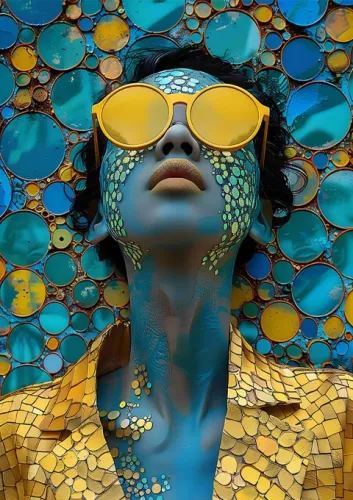 blauwe vrouw met gouden bril 110x160cm