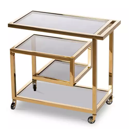 Bar Trolley Brodie Gold 83x42x78cm W/ Black Glass Bar Trolley Brodie Gold 83x42x78cm W/ Black Glass