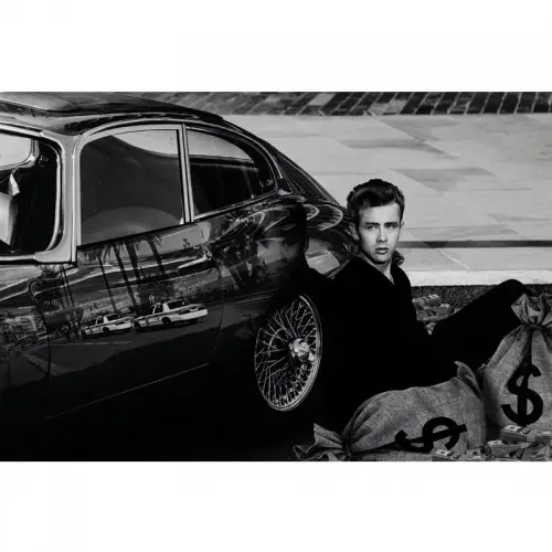 James Dean de Rebel met auto B&W 80x120x2cm