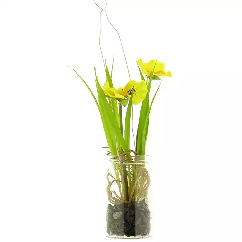 Viooltje in glazen pot met hanger geel 24cm