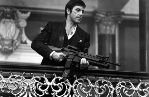 Al Pacino Scarface met machinegeweer 120x180x4.5cm